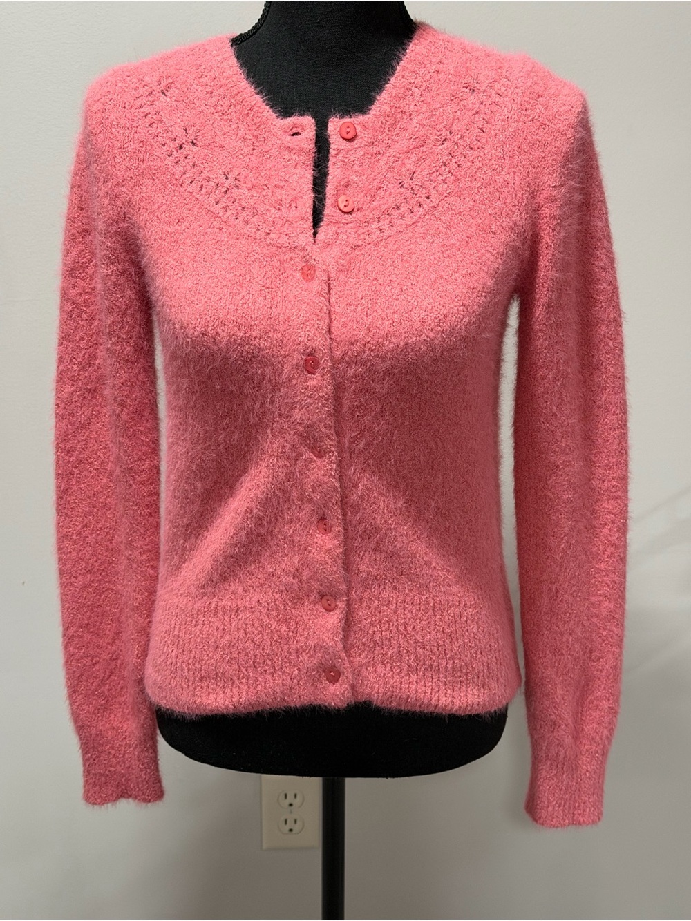 The Reeds Coral Pink Fuzzy Pointelle Knit Button Front Cardigan Small